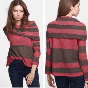 FREE PEOPLE Lulu Cowl Neck Sz XS Maroon Stripe Gray Sweater Low-Hi Alpaca/Nylon